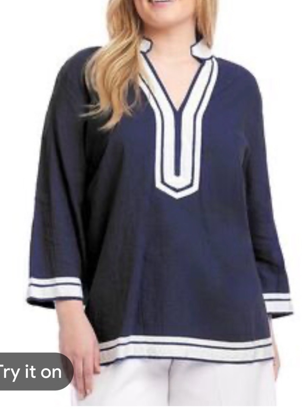 Deane & White 3X Navy Tunic with White Contrast Trim EUC, 100% Linen, Nautical,
